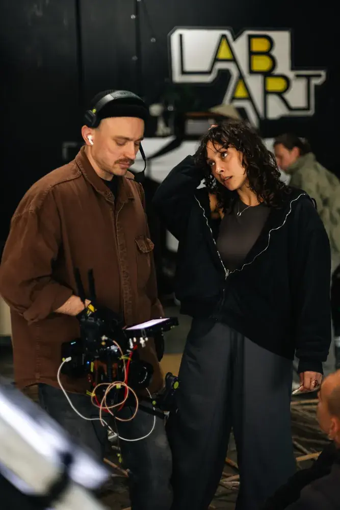 Camera team checking a shot with the actress