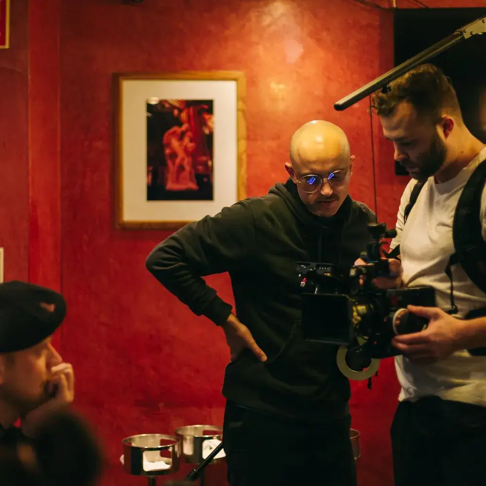 Camera rig and crew in the red room