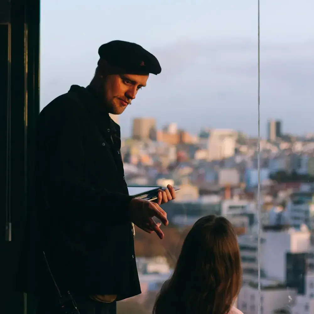 Director on the terrace above Lisbon