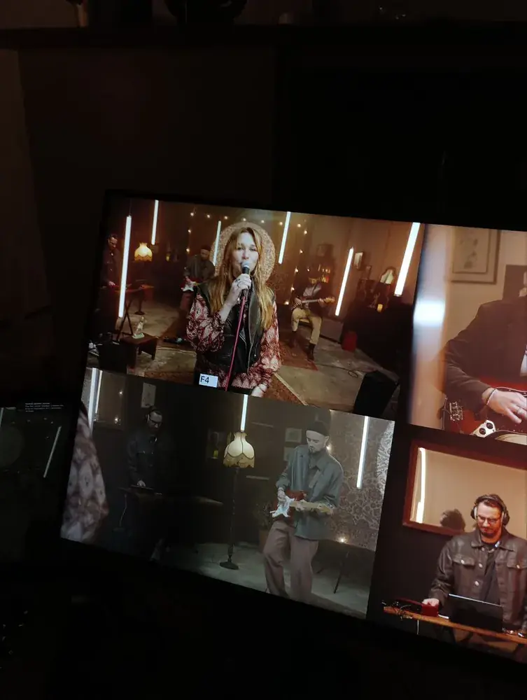 Multi-camera playback monitors showing four angles of the Po Fanku live session