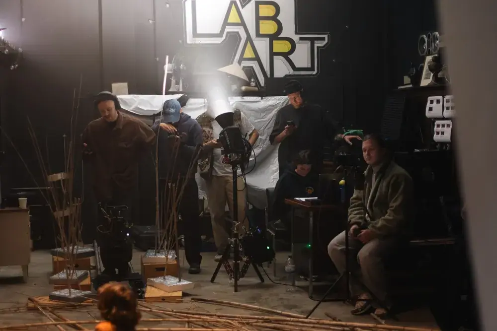 Film crew with camera, lights and sound on a set in Lisbon