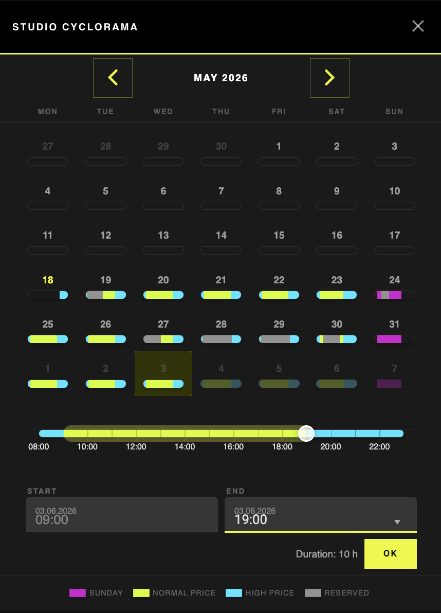 Vista do calendário de reserva — escolhe data e hora
